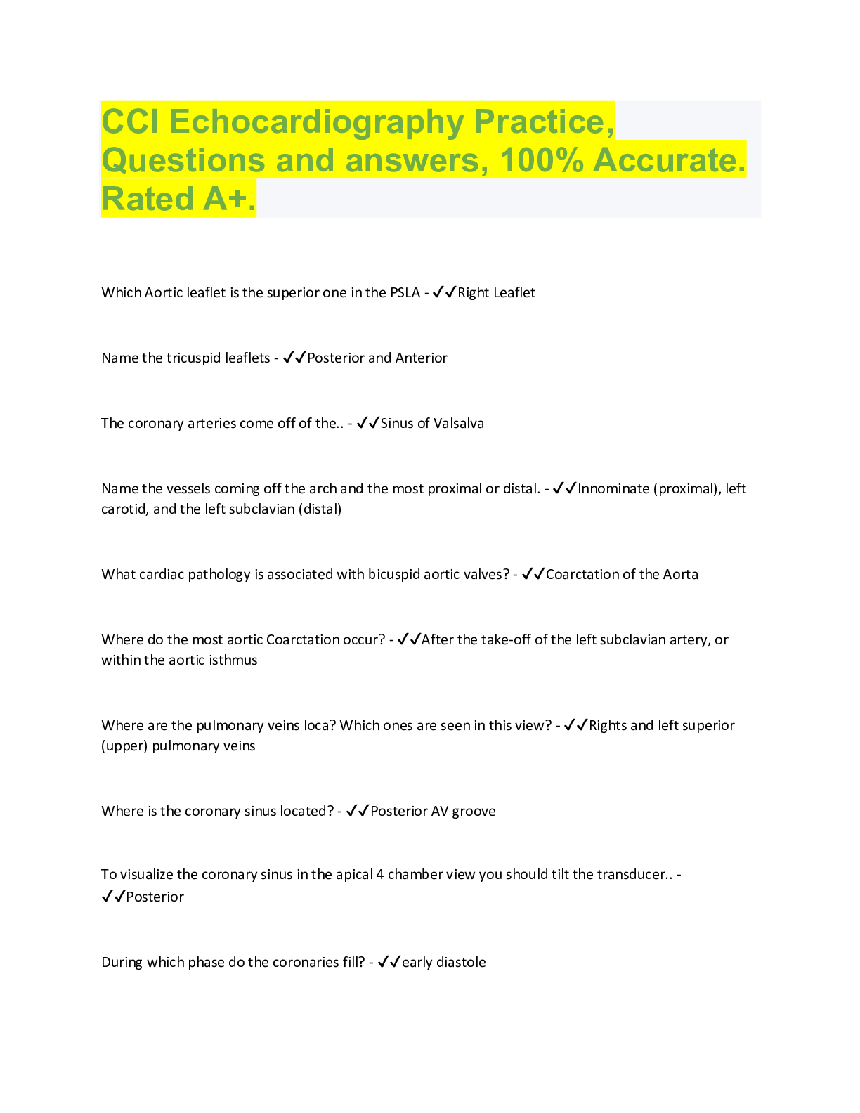 Preview image for CCI Echocardiography Practice,  Questions and answers, 100% Accurate.  Rated A+.